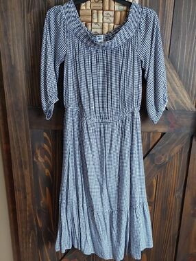 Old Navy Blue Gingham Peasant Maxi Dress Off-The-Shoulder Sz M